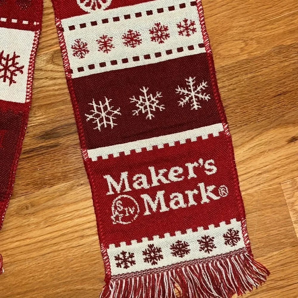 Makers Mark Whiskey Bourbon Winter Scarf holiday snowflake Red/Cream 6 1/2”x66”